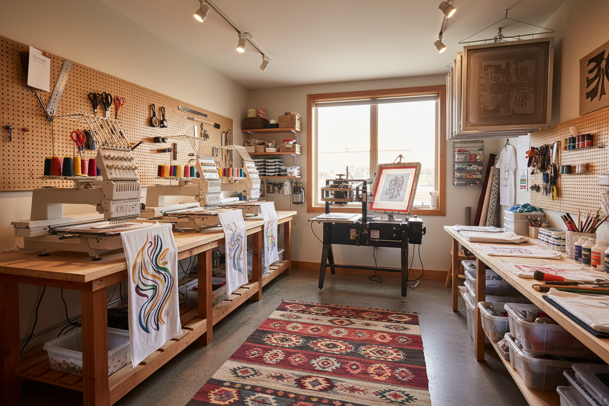 petite salle avec des machines pour broder et sérigraphie